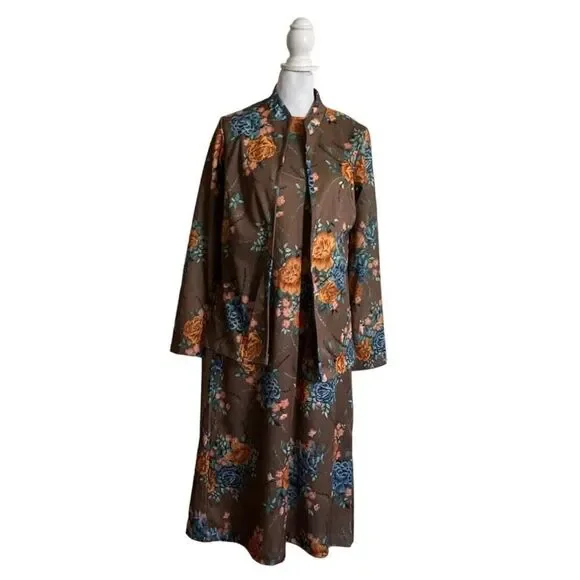 Vintage 1970s Sears Dress Cardigan Taupe Floral 2 Piece Set Maxi US Size 10 - Picture 5 of 16